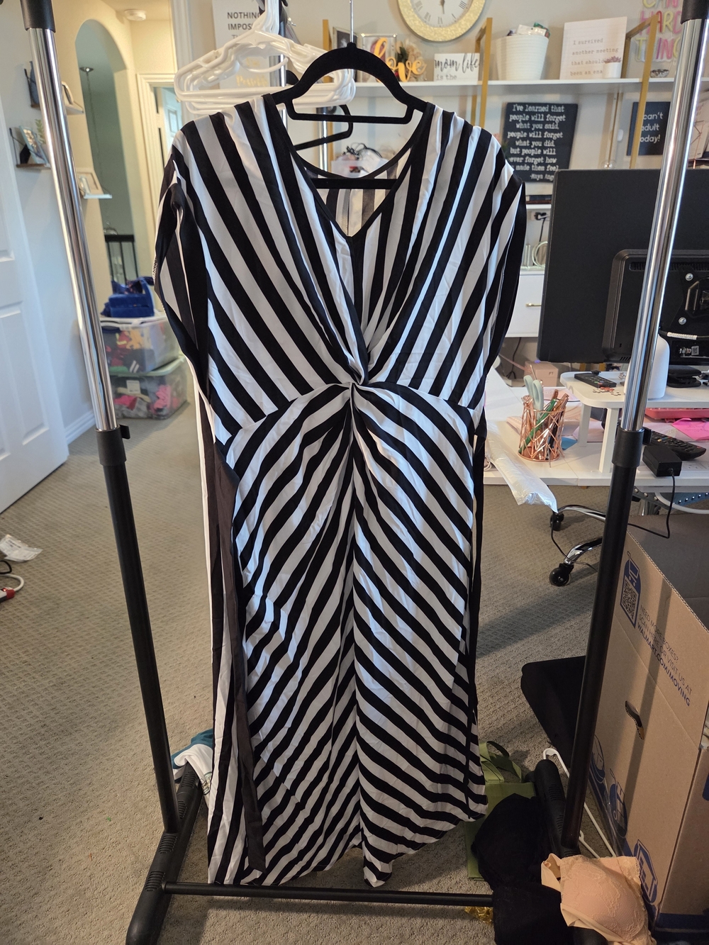 Black and White Striped Twist-Front Women’s Dress